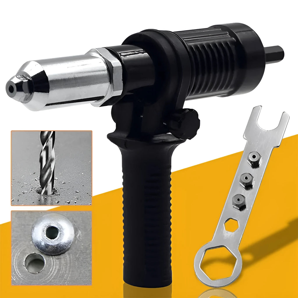 Black metal electric drill rivet gun with alloy steel forged head, 173mm long, shown with handle, wrench, and rivet heads.