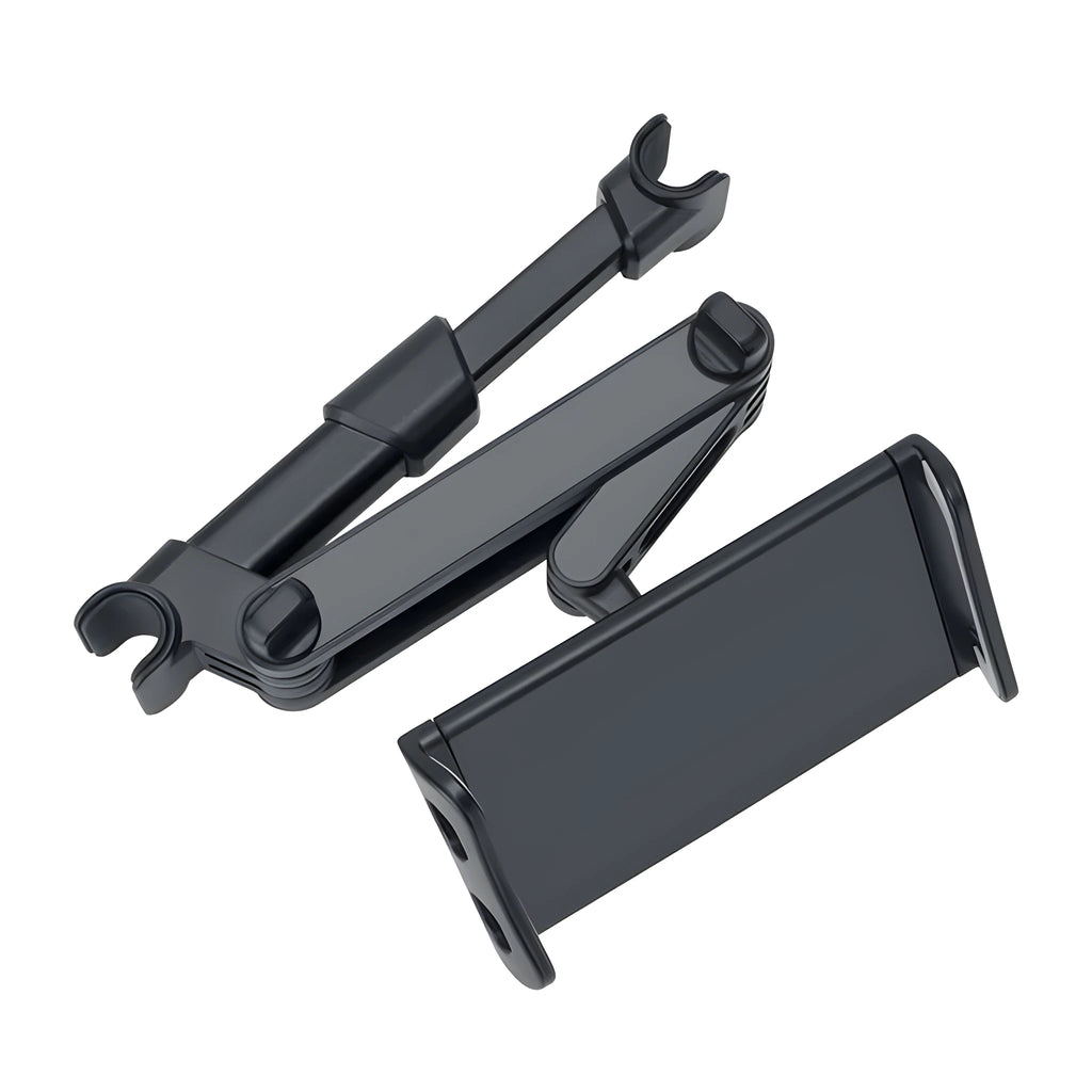 Black universal car phone and tablet holder mounted on a rear seat base.