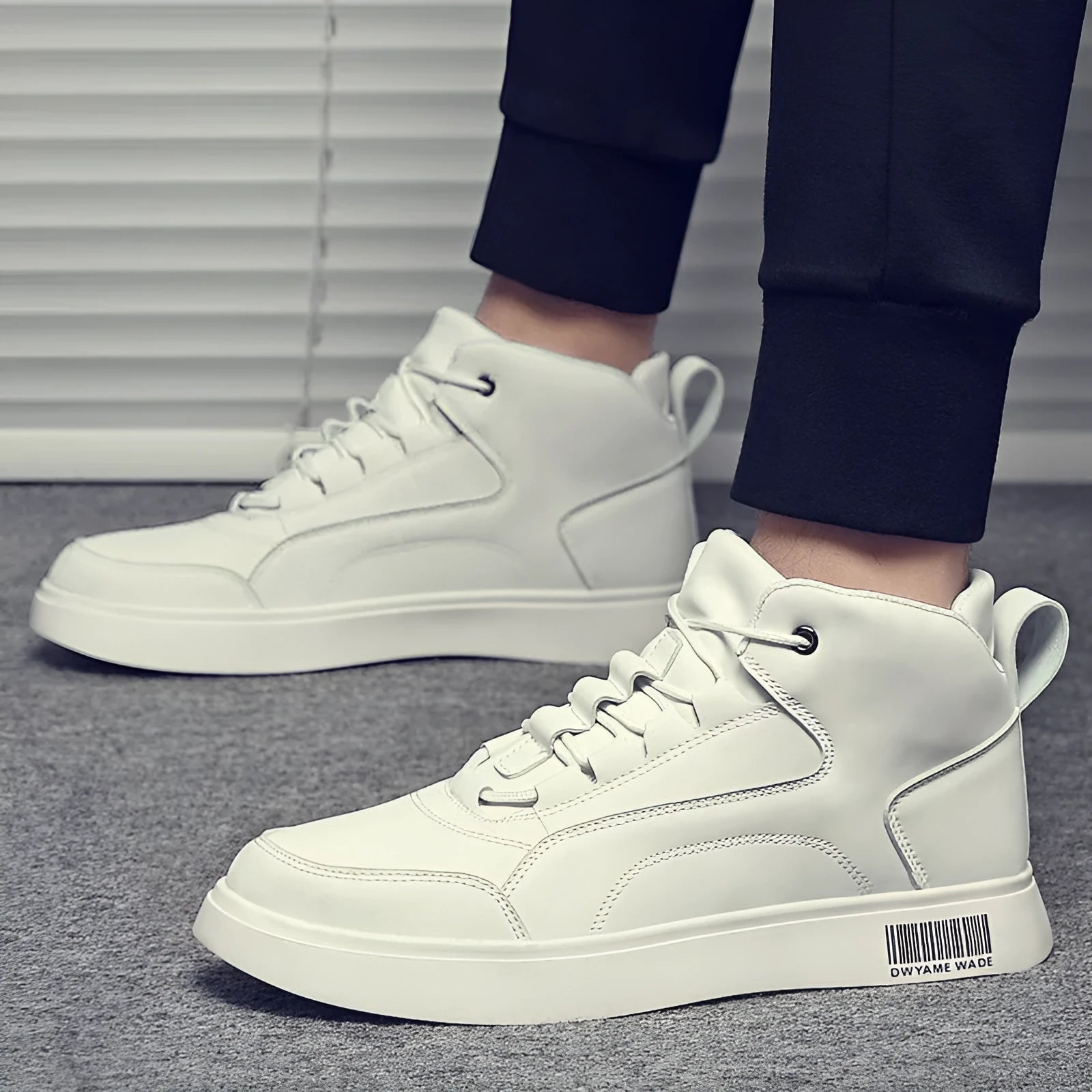 Men's white mid-top casual board sports shoes with lace-up closure and rubber sole