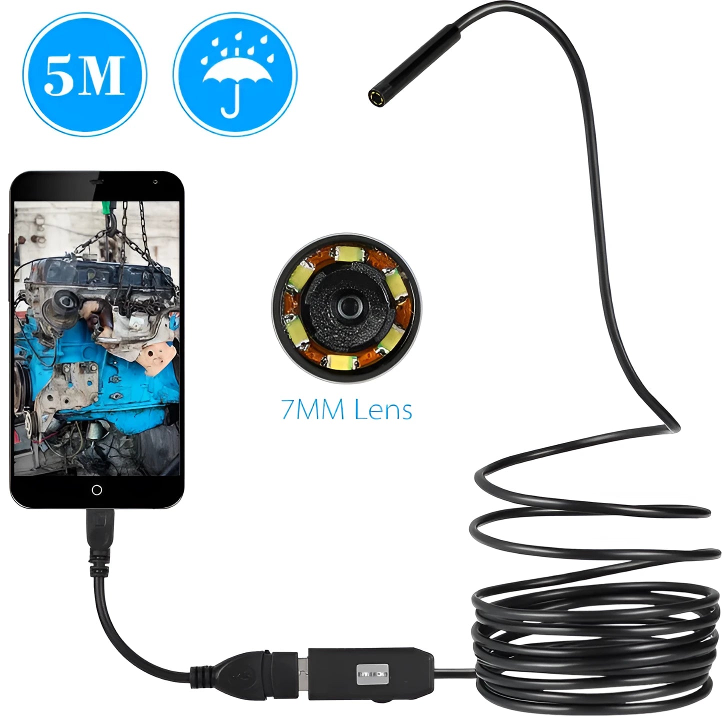 OWSOO USB endoscope camera with 5m cable, 7mm lens, six LEDs, hook, magnet, and mirror attachments