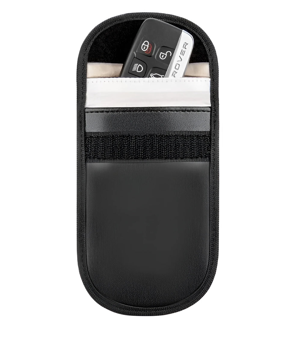 Black microfiber Faraday cage pouch for car key fob and RFID card protection.