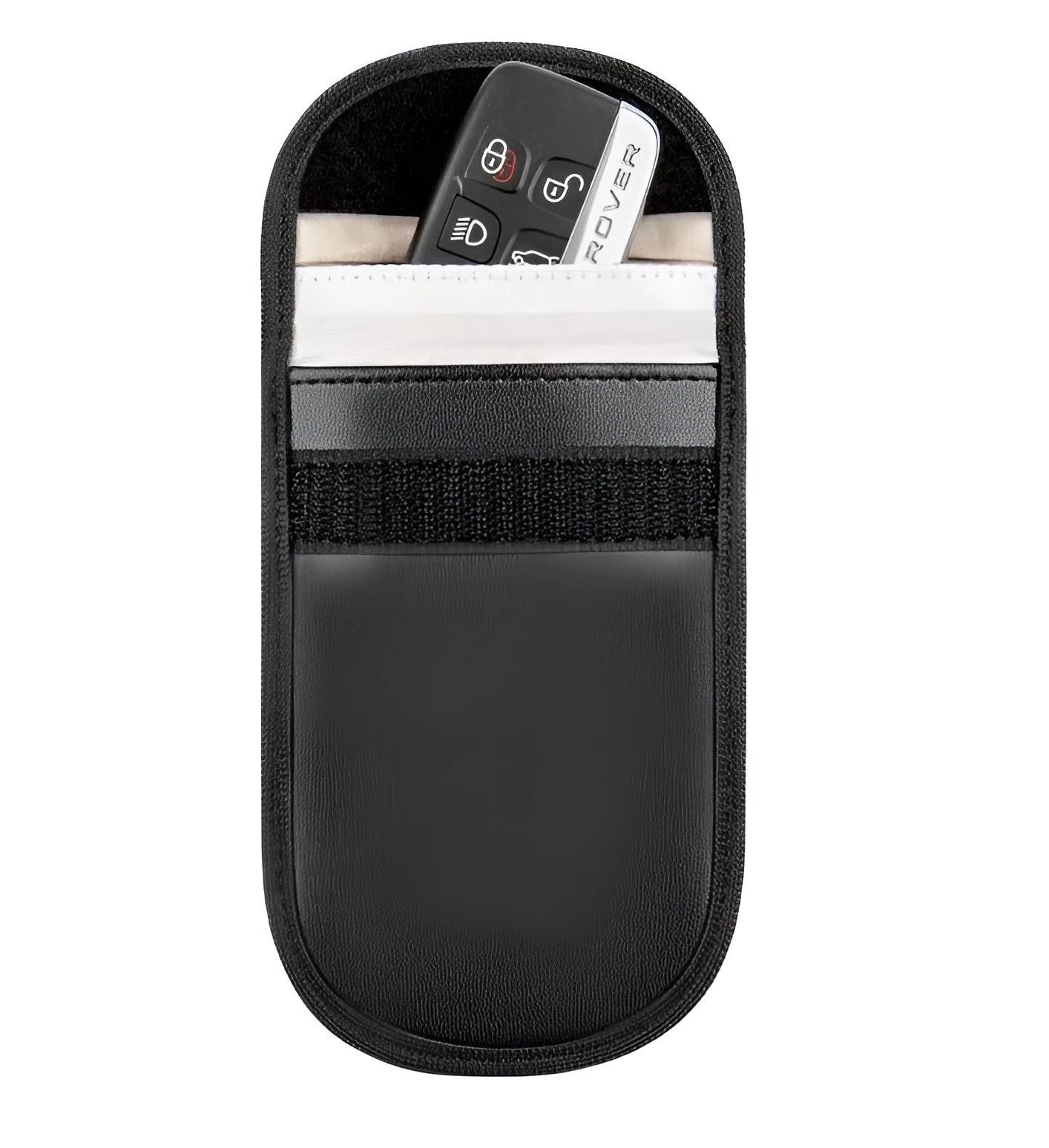 Black microfiber Faraday cage pouch for car key fob and RFID card protection.