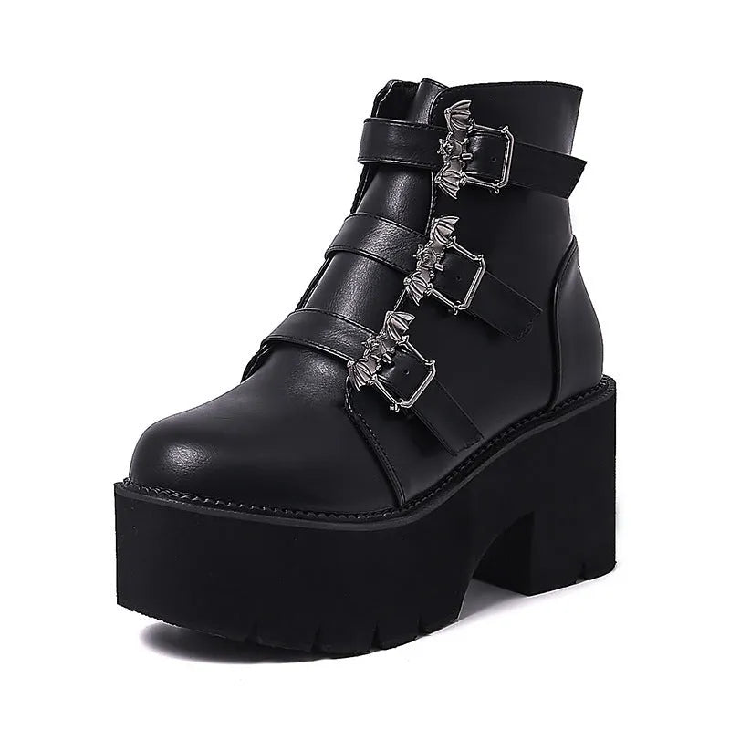 Black women's punk gothic short boots with bat buckle and side zipper on thick heel.