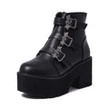 Black women's punk gothic short boots with bat buckle and side zipper on thick heel.