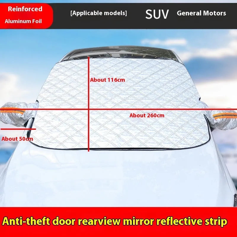 Aluminium foil car cover with reflective edge stripes and magnetic attachments for SUV windshield winter protection