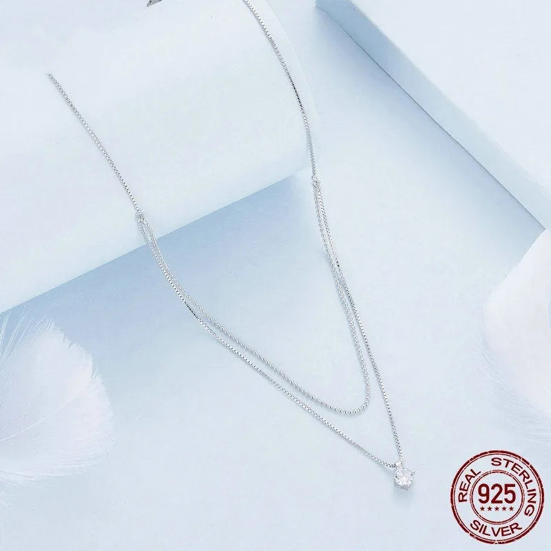 S925 sterling silver necklace with double-layer pendant and pearl chain in silver colour
