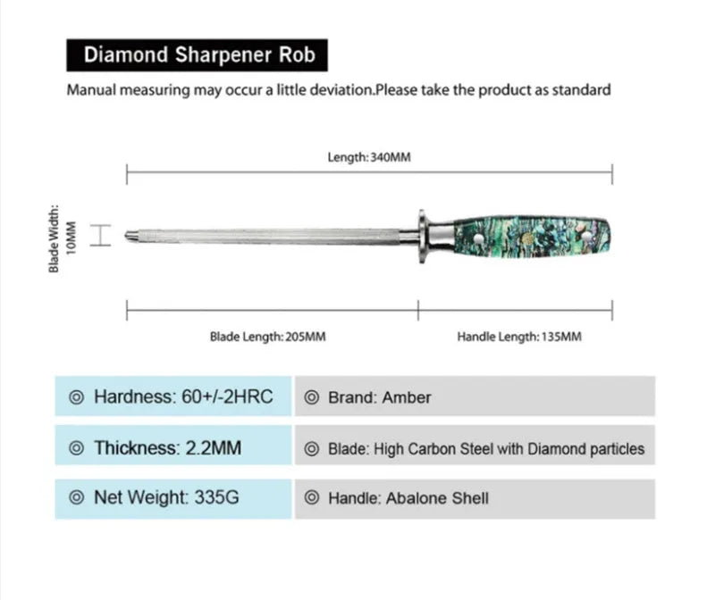 High carbon steel household knife sharpener with abalone shell handle.