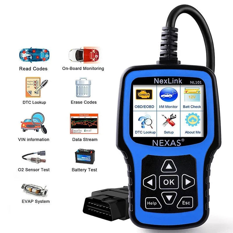 Nexas NL101 OBD2 car diagnostic scanner with display screen and USB connector.