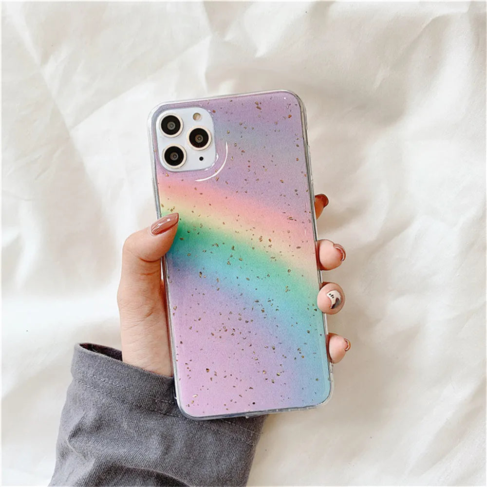 Rainbow gradient striped TPU protective case for iPhone, showing Japanese-Korean style design.