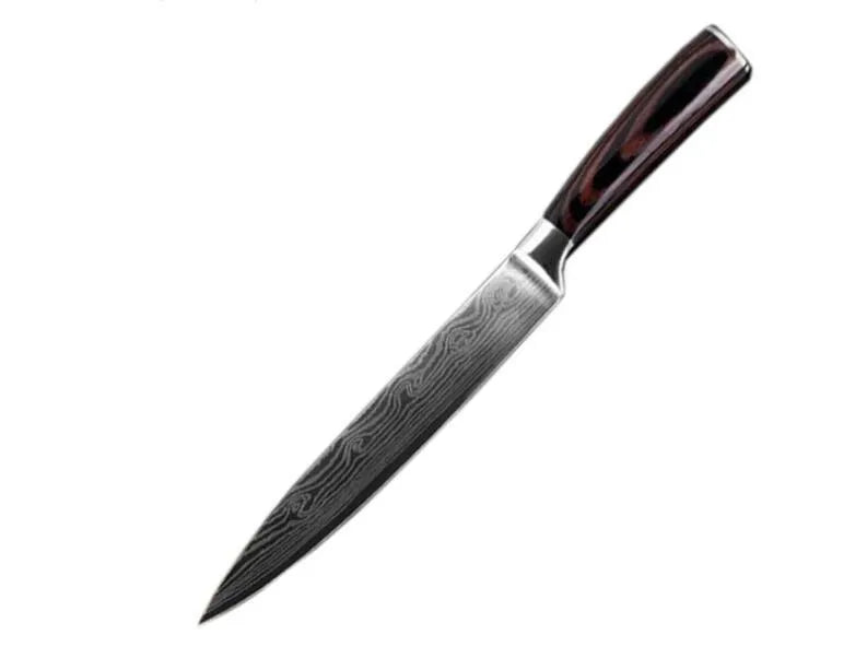 7Cr17 stainless steel kitchen knife with coloured wood handle and Damascus pattern blade on a black gift box.