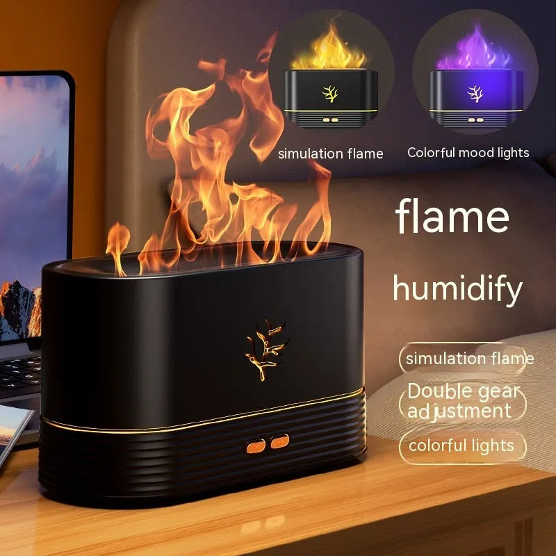 Square black or white USB flame humidifier with LED fire simulation and aromatherapy function