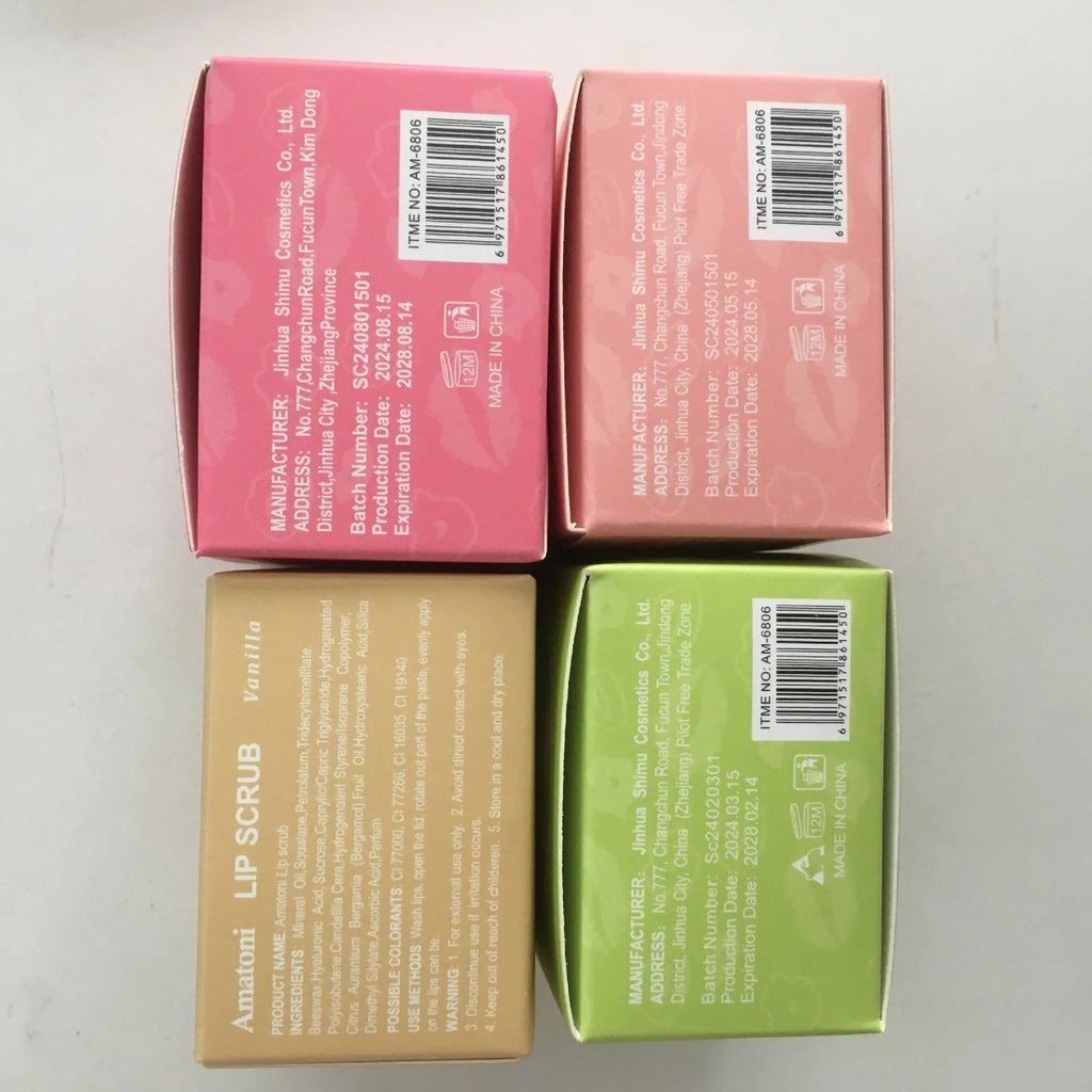 Amatoni lip scrub cream pot in coconut, raspberry, vanilla, or watermelon flavour, 30g size.