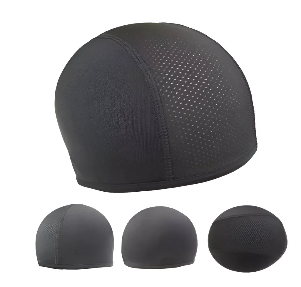 Black anti-sweat quick dry cycling cap on white background, polyester spandex material, 22x15cm size