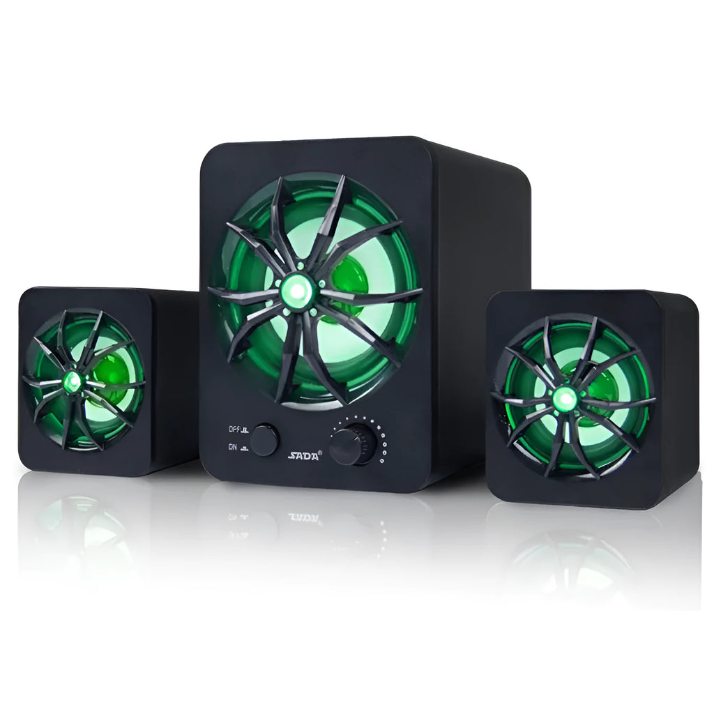 Green USB-powered 2.1 channel computer speaker with colourful LED lighting on desktop