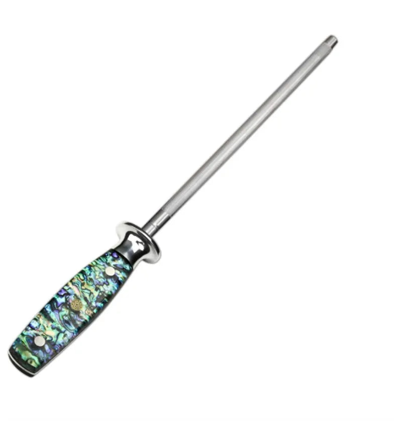 High carbon steel household knife sharpener with abalone shell handle.