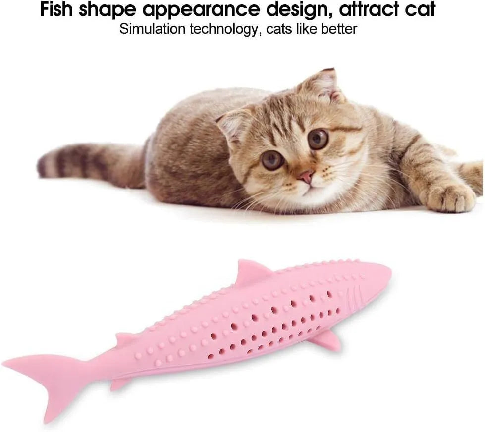 Green silicone fish-shaped cat chew toy with breathable side holes for catnip scent