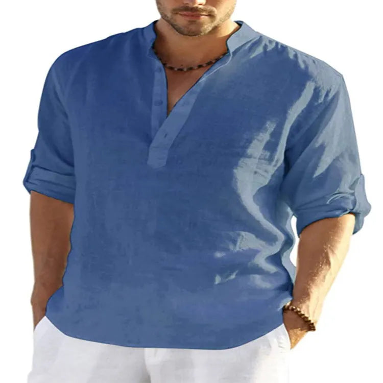 Men's slim-fit long sleeve shirt in a cotton linen blend with a stand collar, shown in a light blue colour.