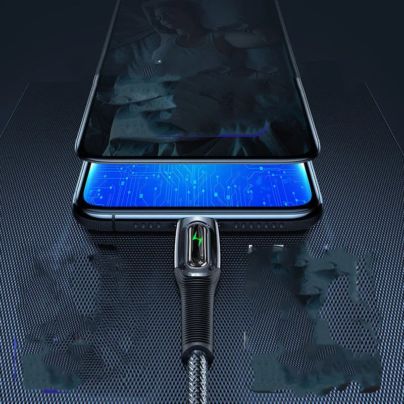 Black braided Lightning to USB cable with zinc alloy connectors for iPhone charging.