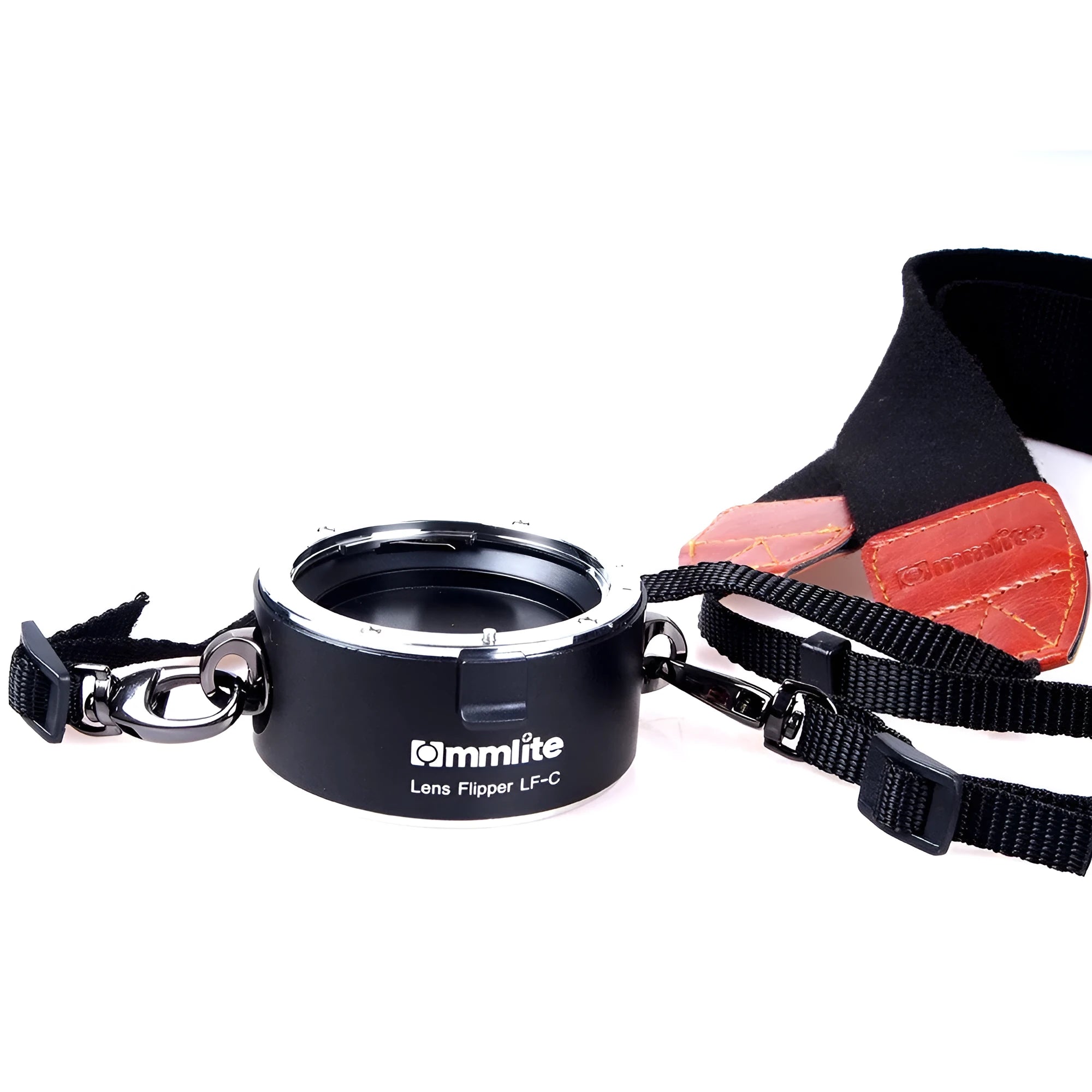 Aluminium alloy camera lens flipper holder for Nikon E-Mount with stainless steel buckle and cotton strap.