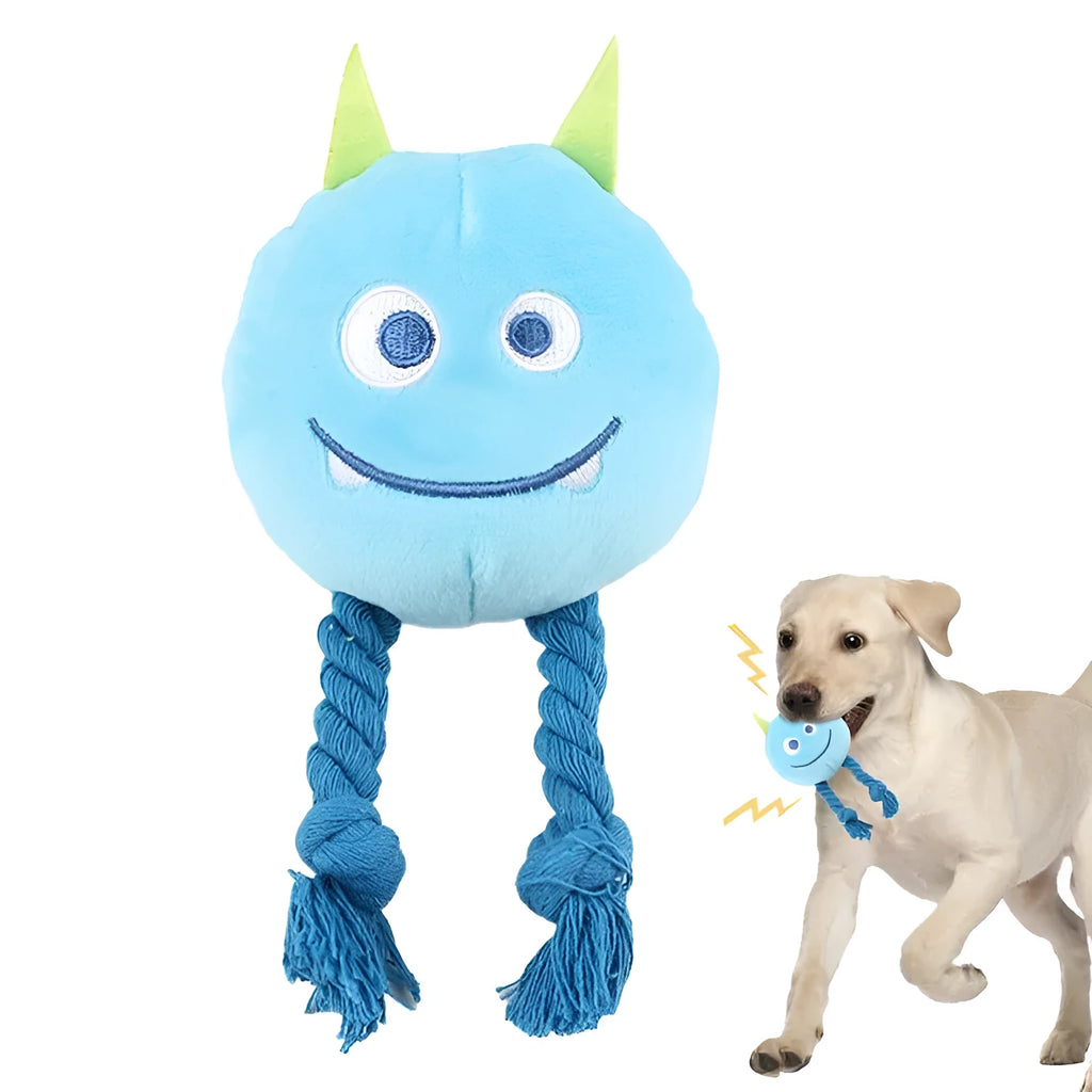 Blue and yellow cartoon animal dog squeaky toys with rope knot construction