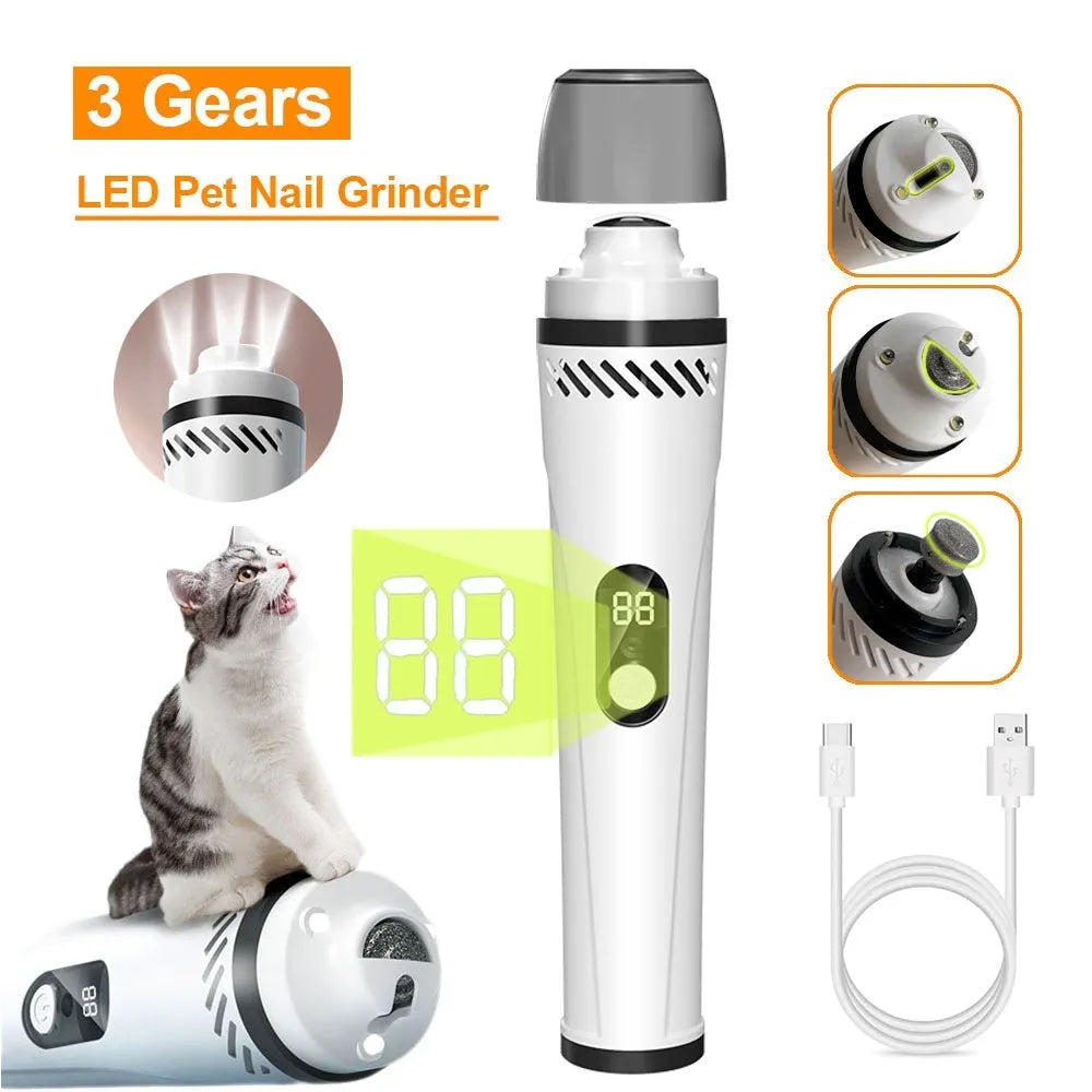 Automatic electric nail grinder for dogs with LED display and dust collection compartment.