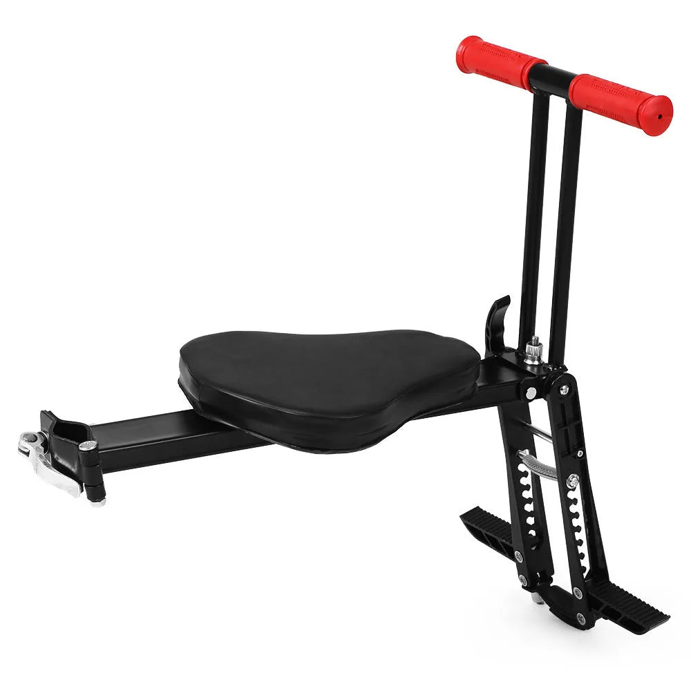Front child bicycle seat in black with aluminium frame, cushion, handrail, and pedal