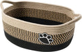 Handmade woven light beige cotton rope storage basket with wooden handles showing 34x26x15cm dimensions