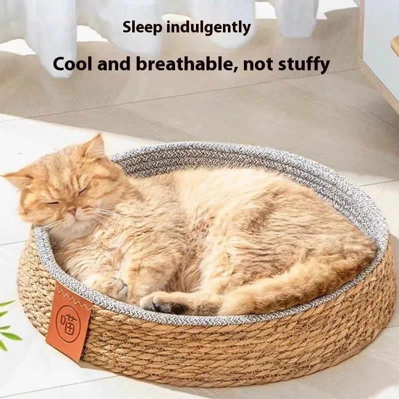 Rattan woven cat nest pet bed available in four sizes S, M, L, and XL.