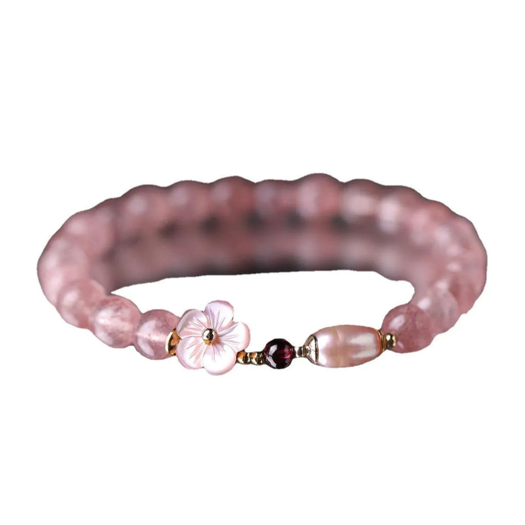 Strawberry quartz peach blossom crystal bracelet with flower-shaped beads for casual jewellery wear
