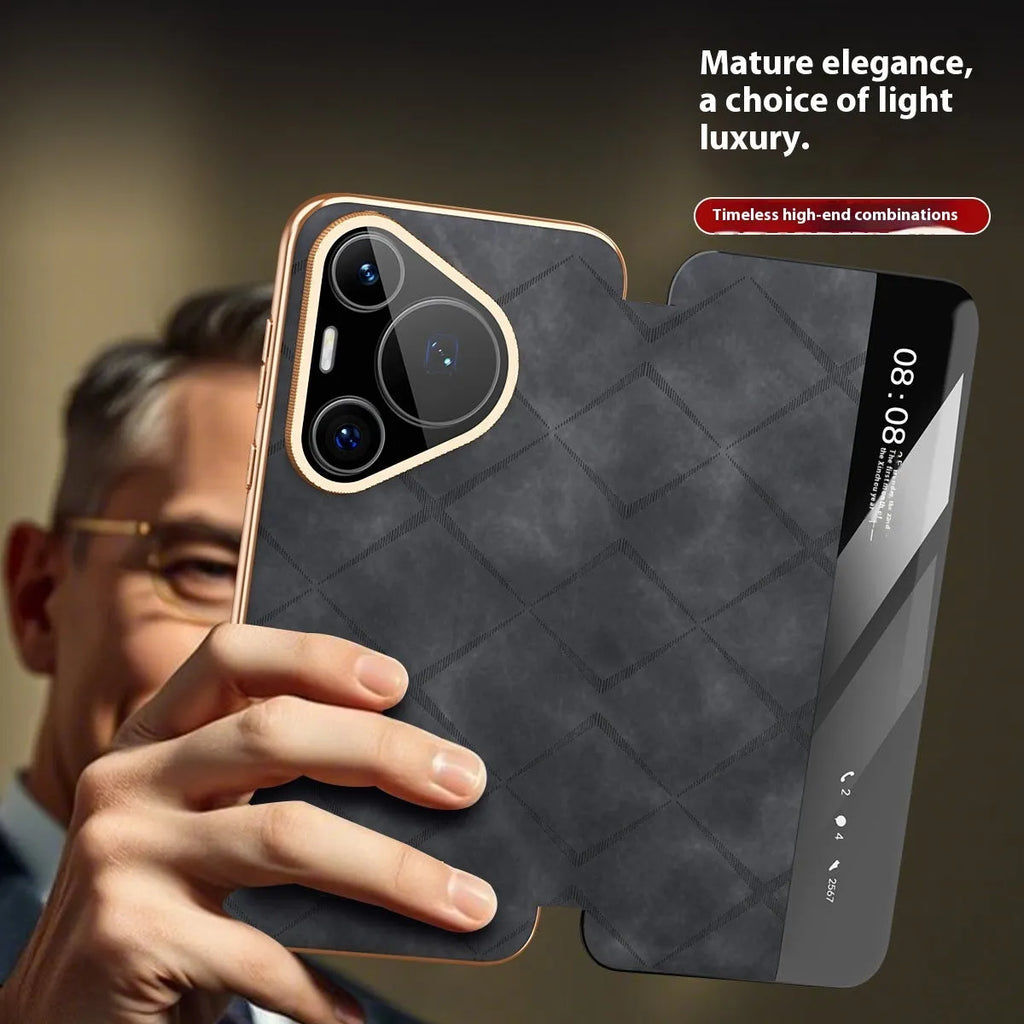 Huawei electroplated diamond grid anti-fingerprint phone case in imitation leather, shown in Elegant Black.