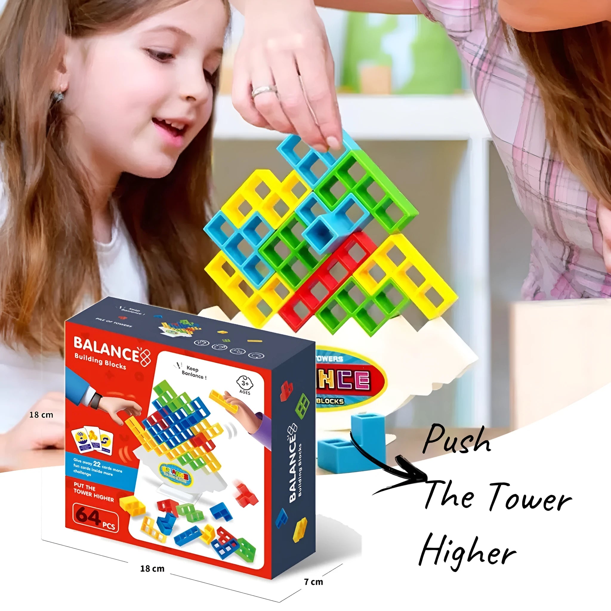 Balance stacking game set with plastic building blocks and wooden chassis