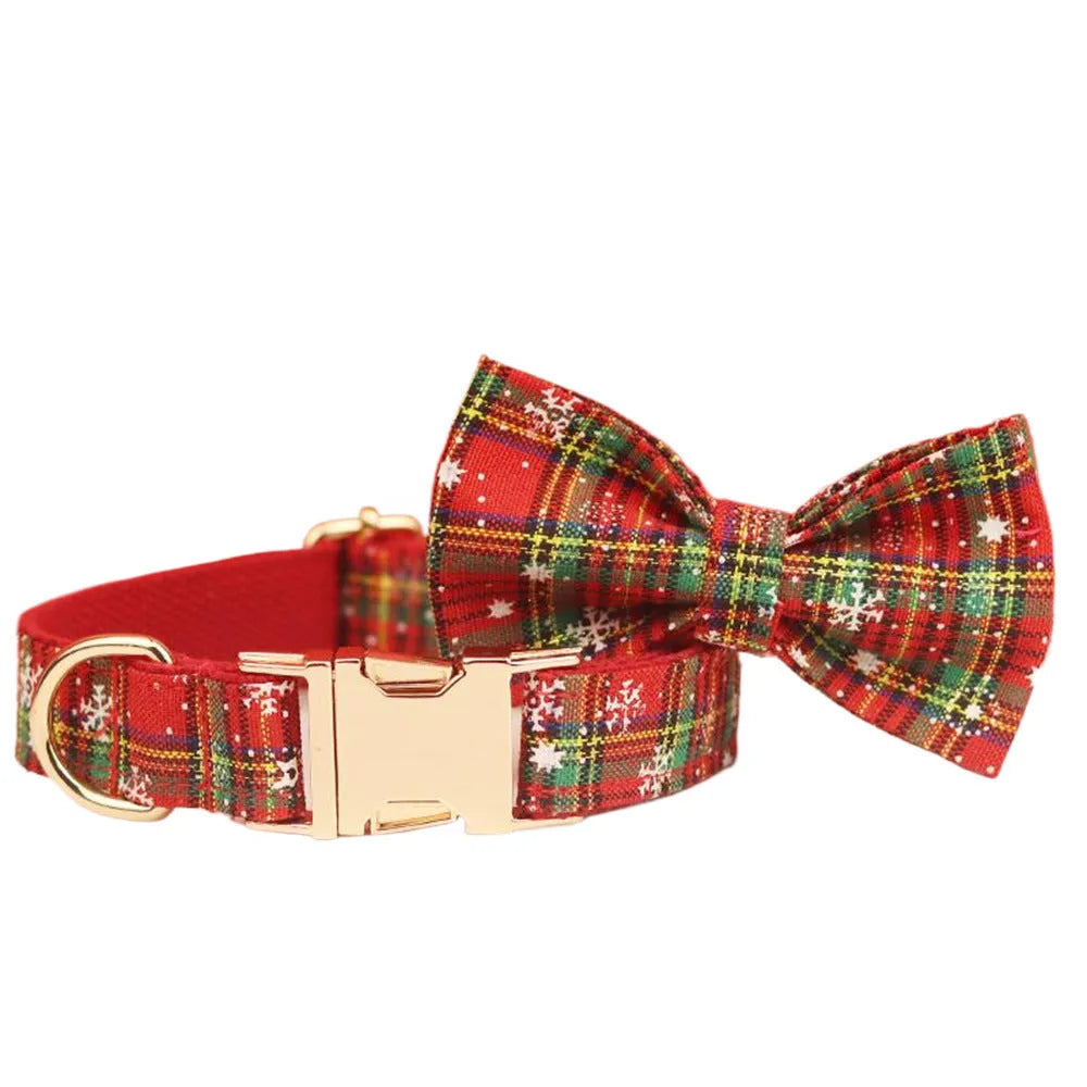 Red snowflake Christmas dog collar and leash set with plaid pattern four-piece holiday pet clothing