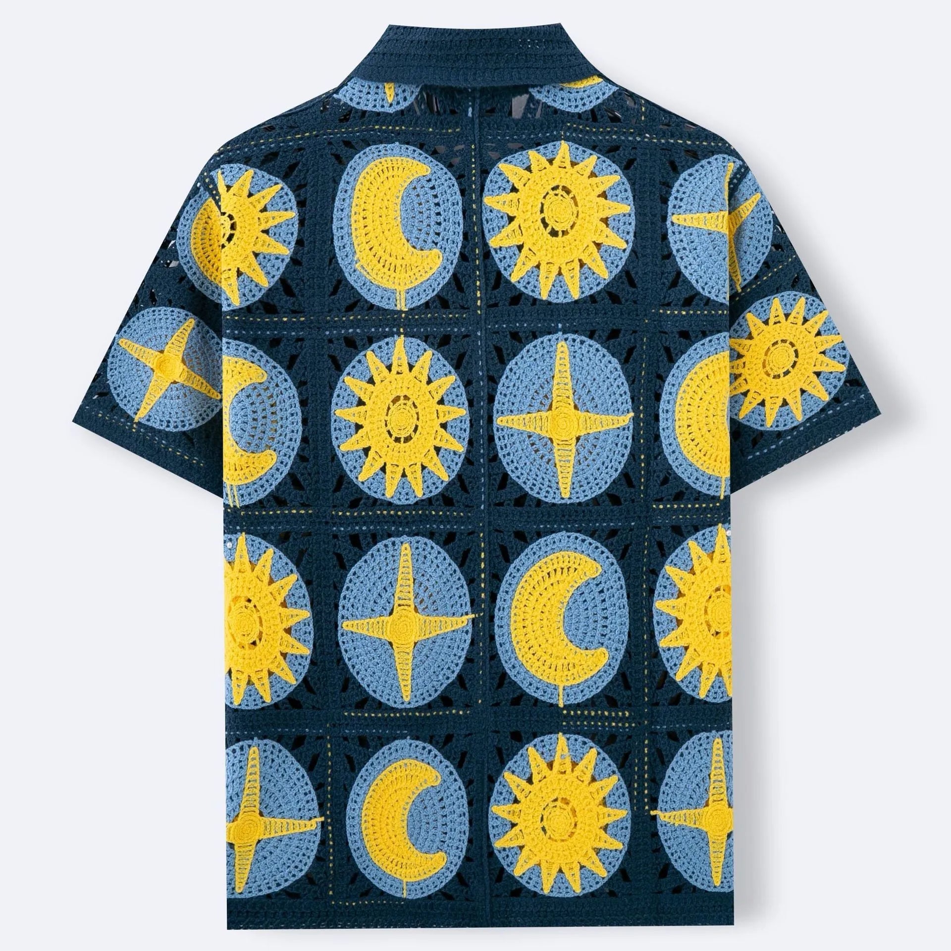 Navy blue men's cardigan with a raised cartoon flocking pattern on the front, featuring short sleeves.