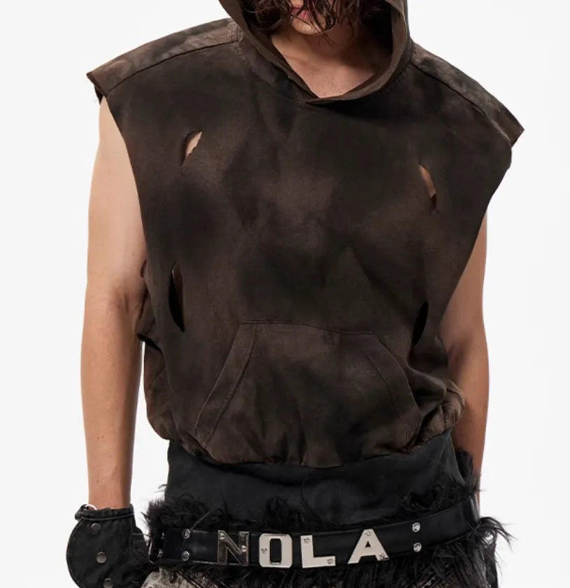 Khaki coloured cotton short sleeve hooded vest on hanger