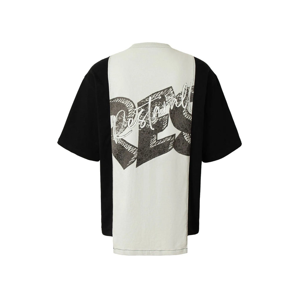Black and white deconstructed print cotton blend t-shirt with loose fit and short sleeves