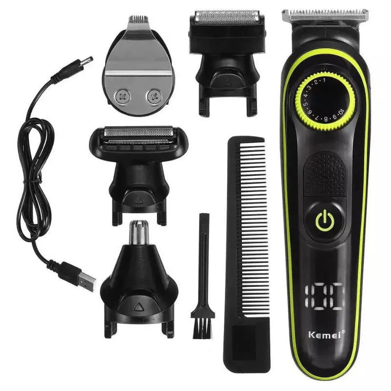 Black KM-696 USB rechargeable electric hair clipper with stainless steel blades on white background