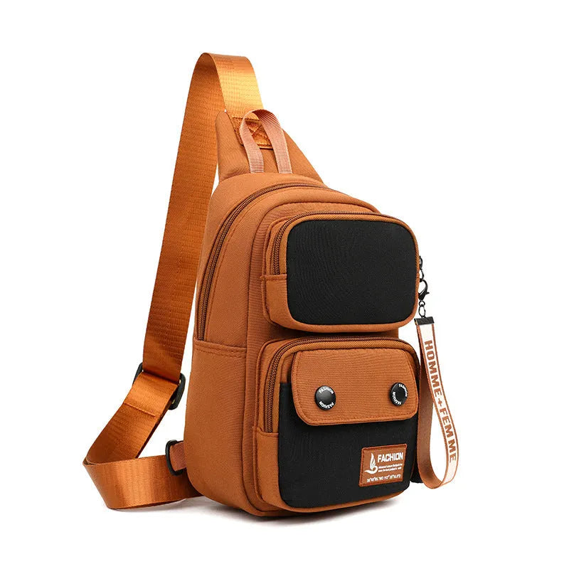 Nylon crossbody shoulder bag in black, beige contrast, or light brown contrast colour with simple letter pattern