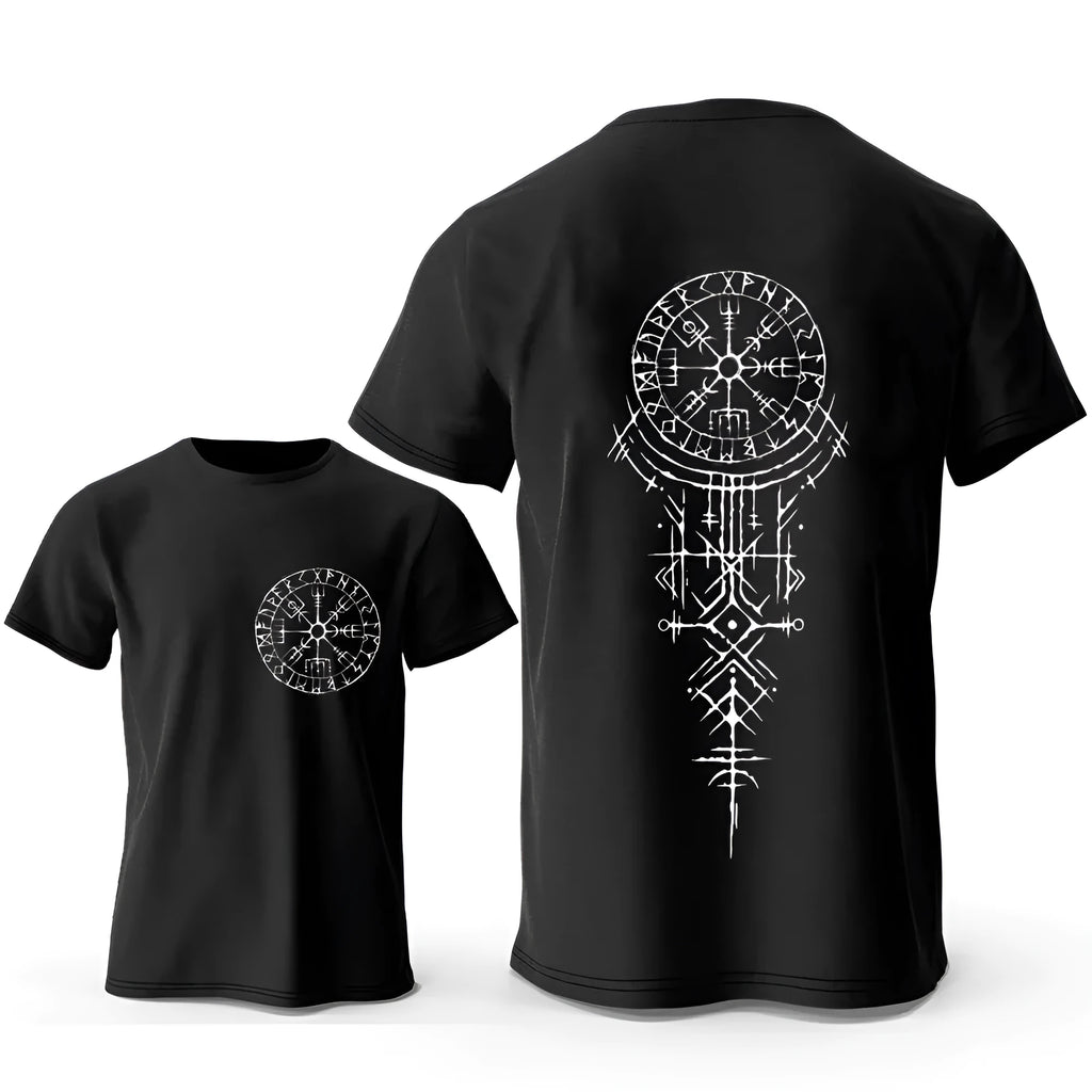 Men's grey T-shirt with a detailed Viking Rune Compass graphic print on the chest.
