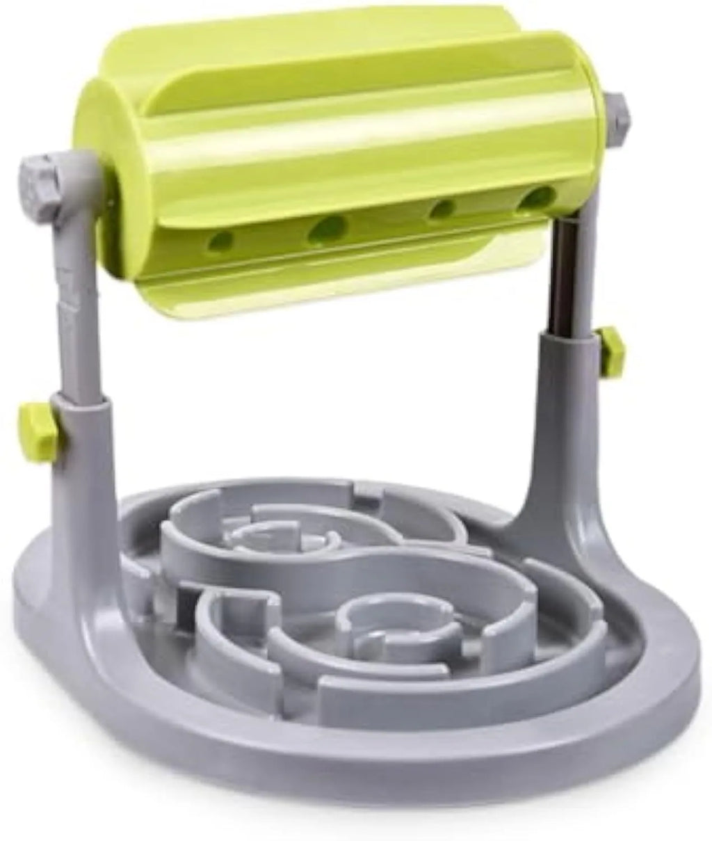 Blue interactive pet puzzle slow feeder bowl with raised patterns and adjustable height mechanism