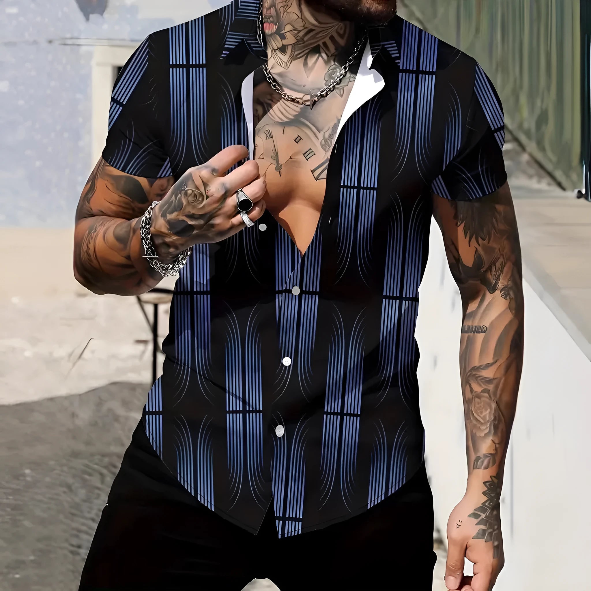 Men's geometric line print short sleeve shirt in slim fit cardigan style