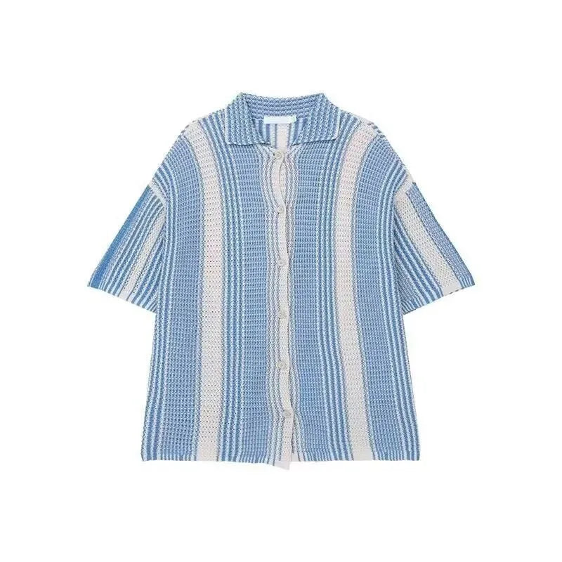 Cotton blend contrast colour short sleeve cardigan shirt for men in blue loose fit summer style