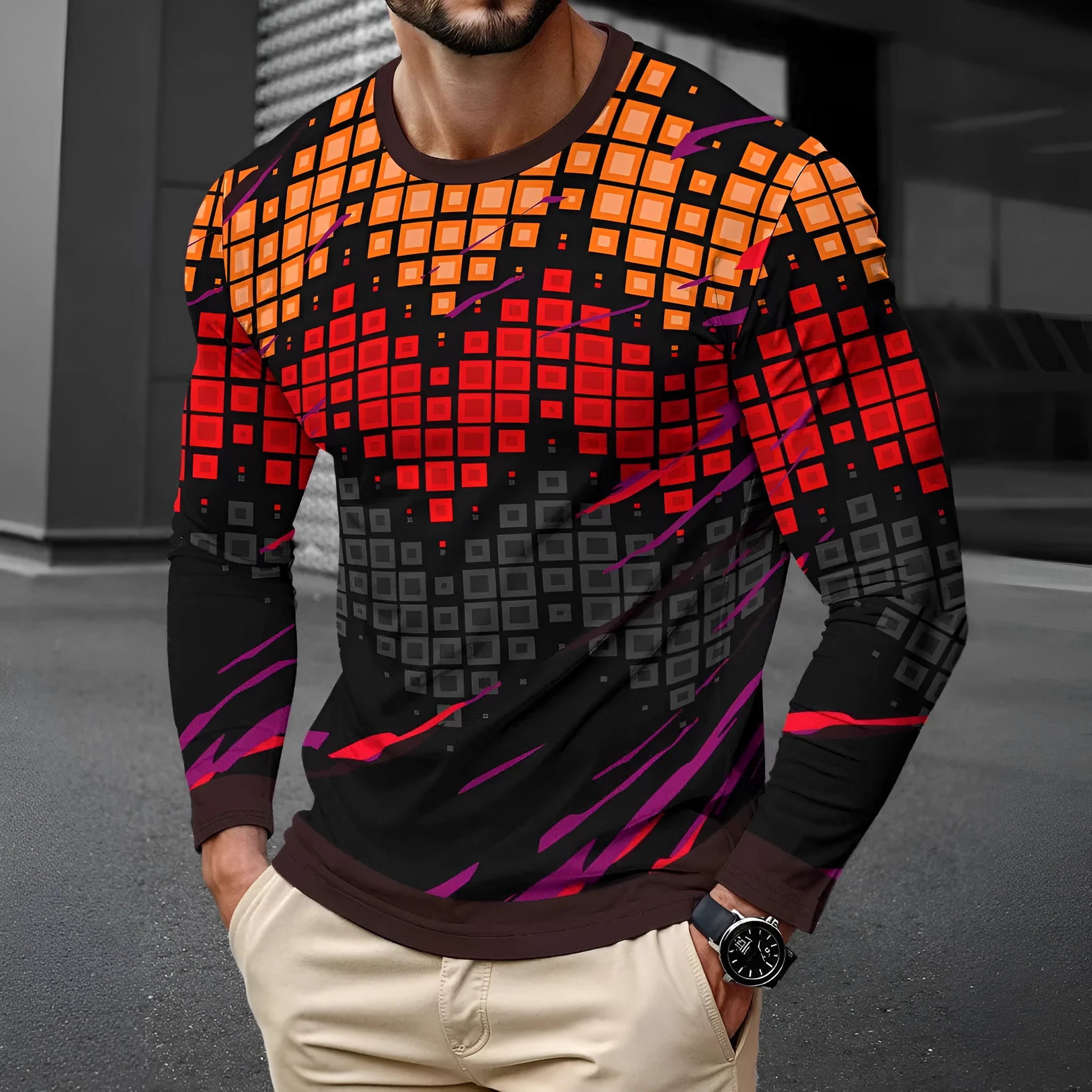 Men's milk silk long sleeve pullover in round neck design showing casual style