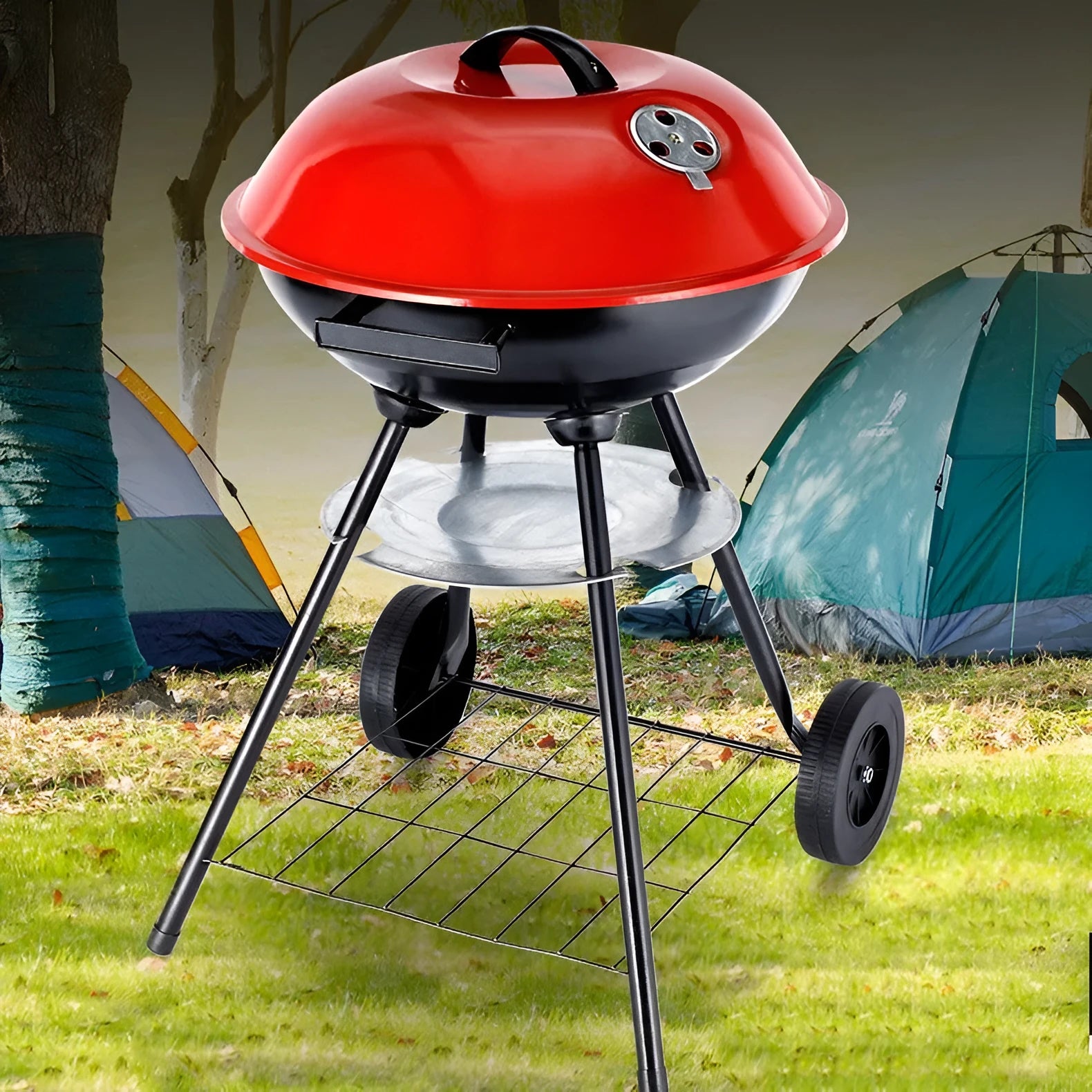 Portable 14-inch iron barbecue grill with Apple stove design on a patio.