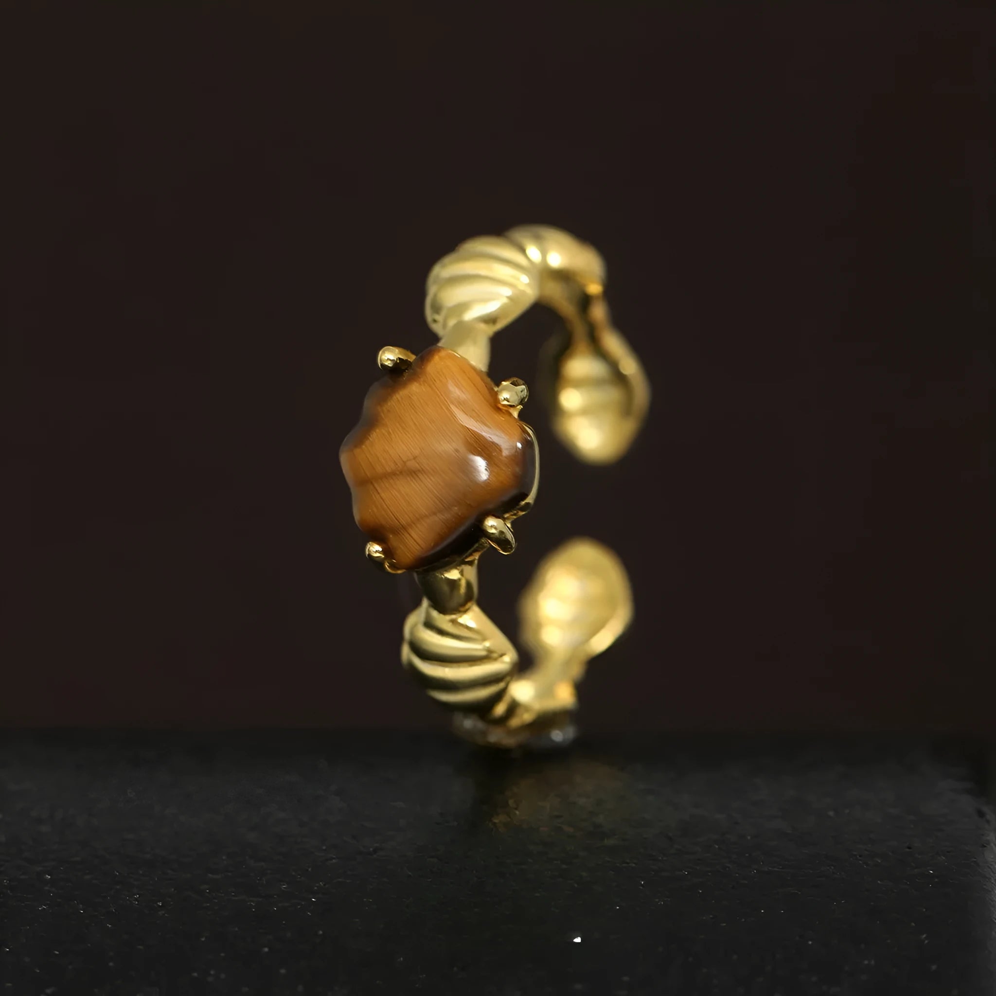 Women's adjustable silver ring featuring a shell tiger eye gemstone in a white gold electroplated finish.