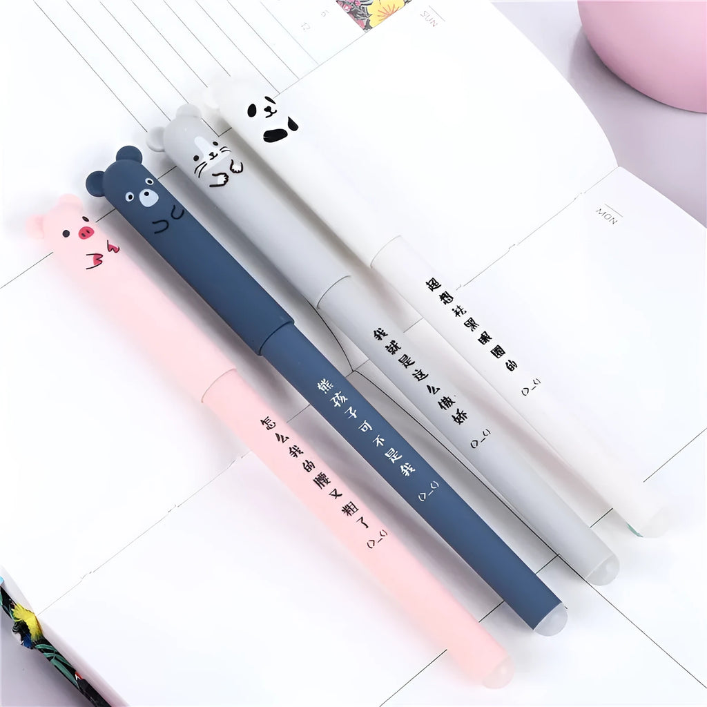 A black heat-erasable pen with a 0.5mm tip, shown with spare refill nibs and caps.