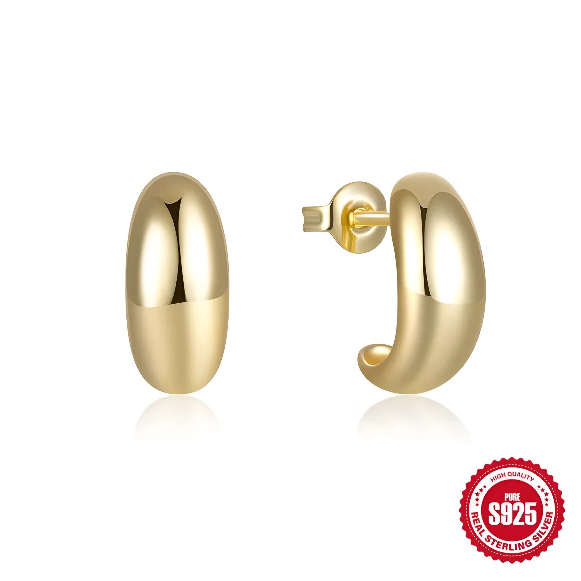 S925 sterling silver C-shaped earrings with electroplated gold colour finish