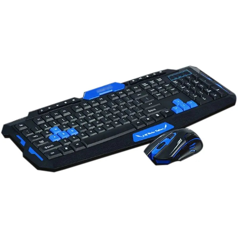Black and blue wireless keyboard and mouse set with ergonomic design on desktop