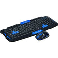 Black and blue wireless keyboard and mouse set with ergonomic design on desktop