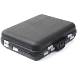 Black compact case with 188 piece stainless steel fishing accessories set, dimensions 4.7 x 3.9 x 1.2 inches
