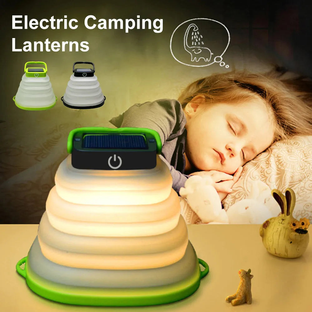 Collapsible IP68 waterproof solar camping light folded to 2.5cm thickness with USB charging port